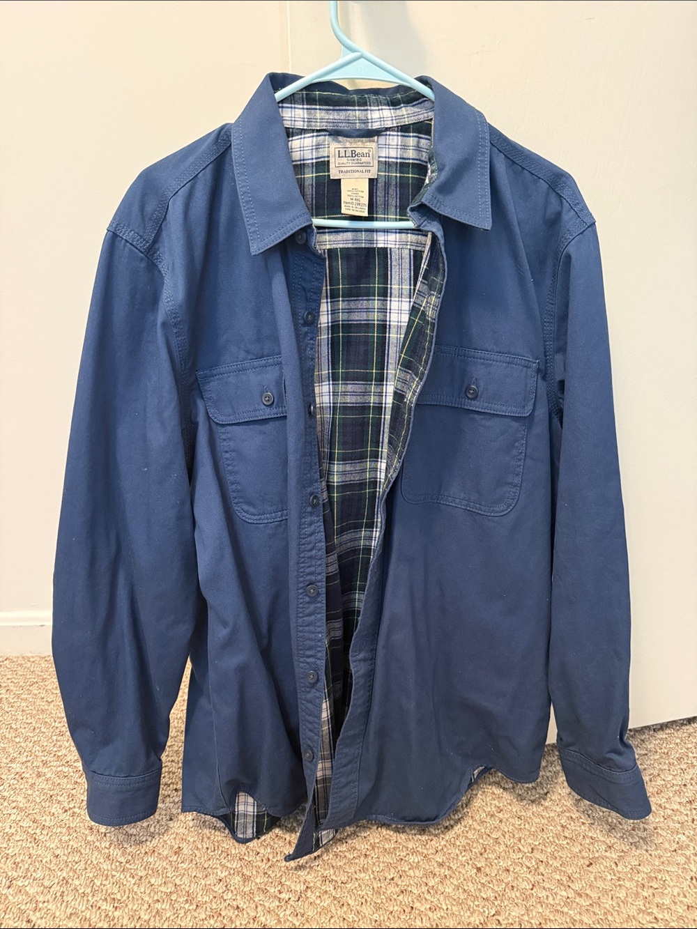 L.L. Bean Blue Lightweight Shirt Jacket with Plaid Lining